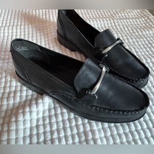 NEW - Clarks Black Leather Loafers with Silver Accent